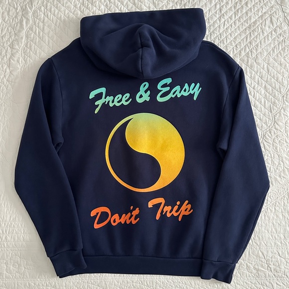 Free & Easy Los Angeles Navy Blue Don’t Trip Sunset Hoodie Premium Heavy Fleece - Picture 9 of 11